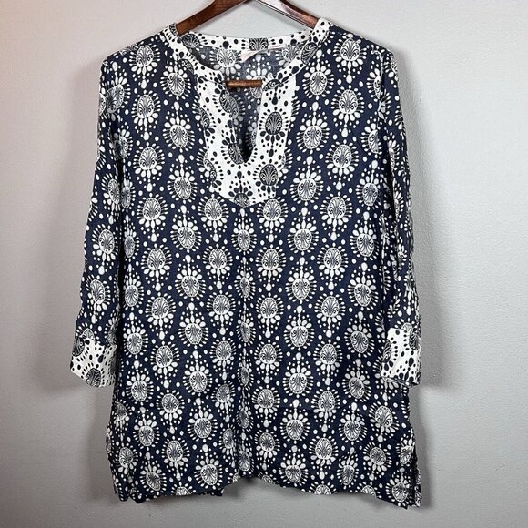 Sigrid Olsen Tunic Top Women’s Size L 100% Linen Navy & White 3/4 Sleeve Casual - Picture 1 of 6